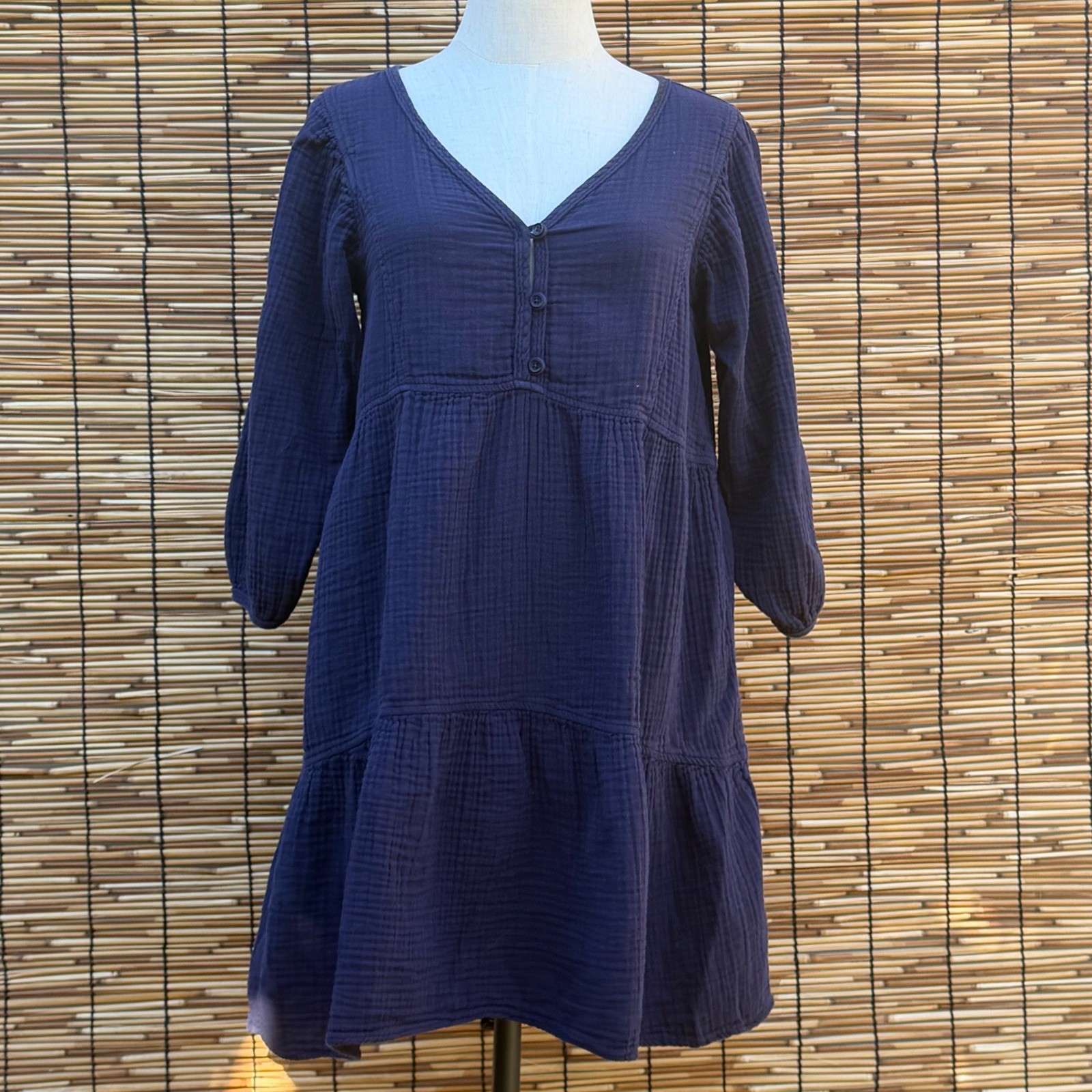 Mododoc Navy Blue Cotton Double Gauze Tiered V-Neck Mini Dress Small