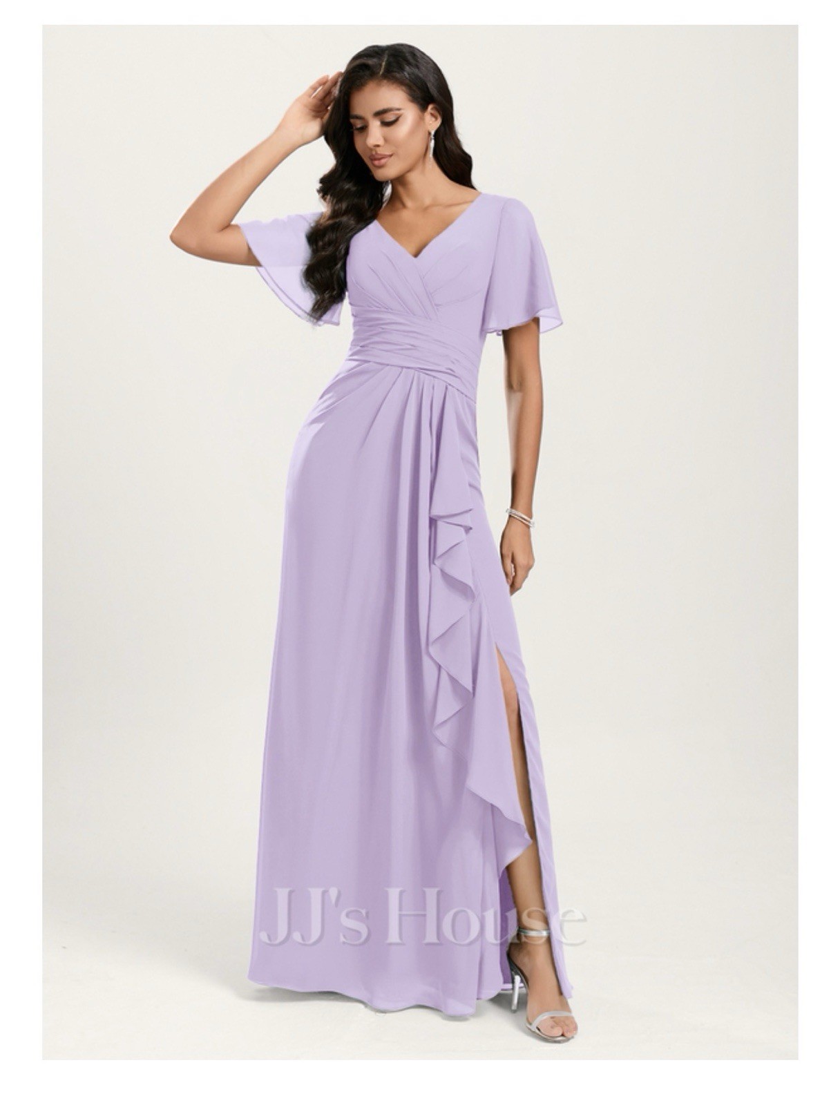 JJ’s House Lilac V-Neck Flutter Sleeve Chiffon A-Line Maxi Dress Slit 293489