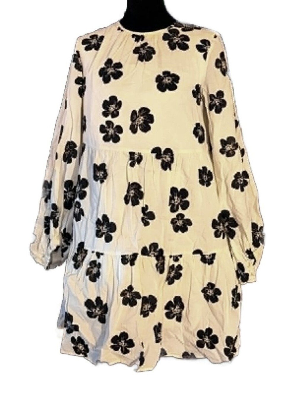Who What Wear Cotton Mini Dress Black White Floral Tiered Babydoll Pockets
