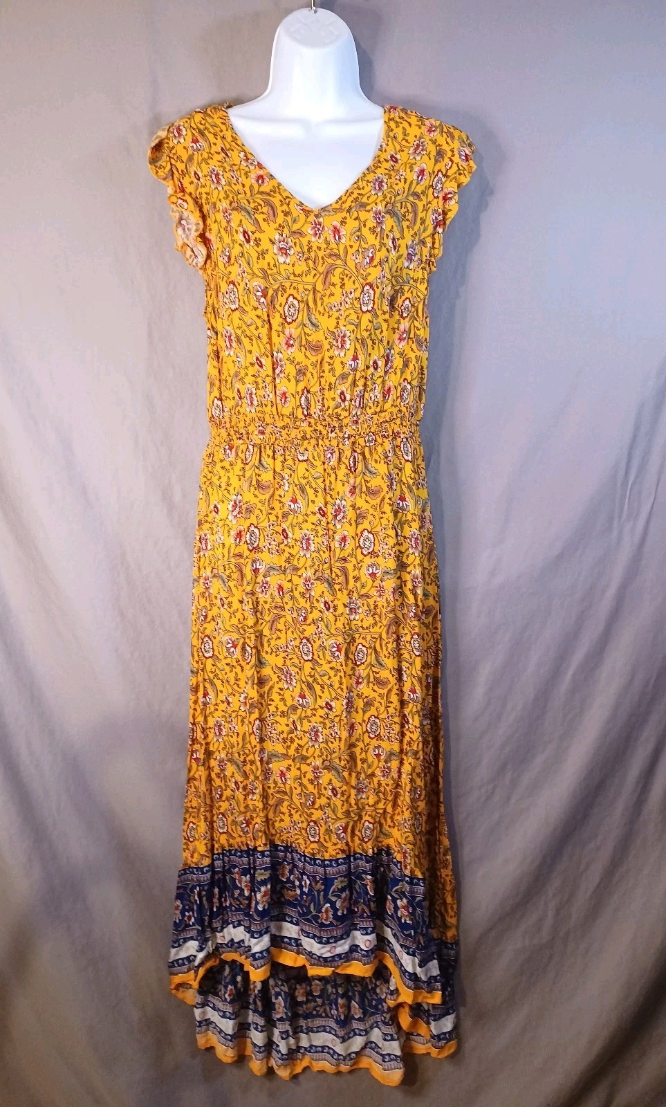 Pretty Garden Yellow Floral Boho Maxi L Midi Long Sun Dress V Neck A Line Flowy