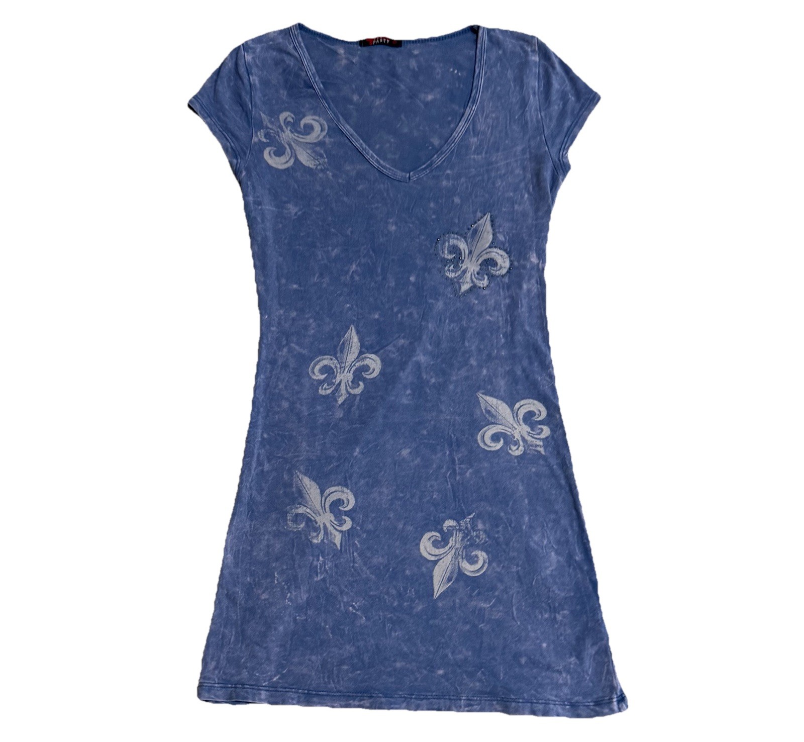 T Party Fleur De Lis Mini Dress Acid Wash Blue Grunge Gothic Rocker Tattoo Y2K S