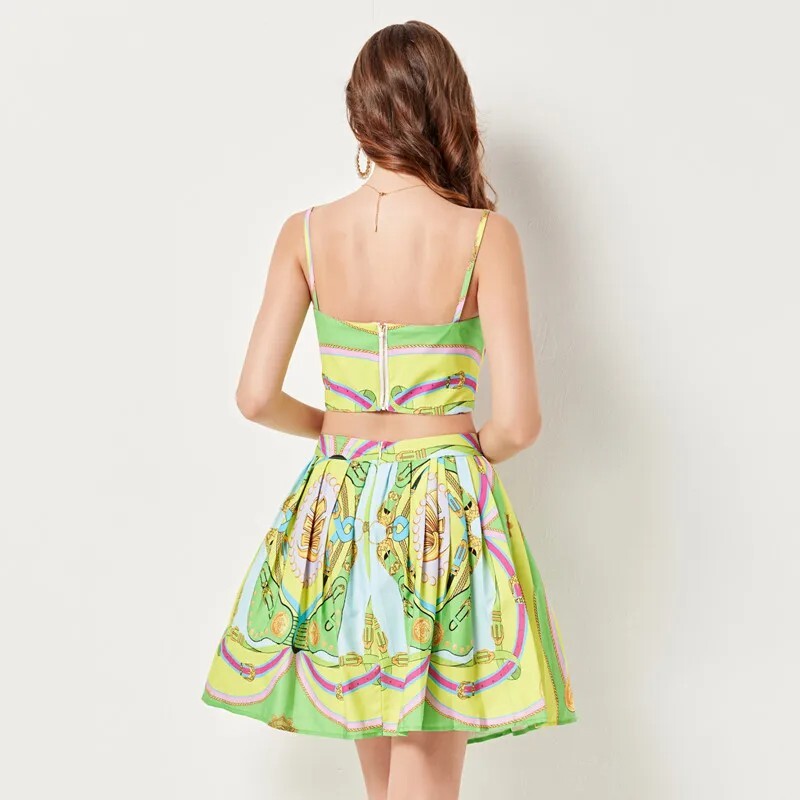 Summer Holiday Baroque Two Piece Set Women Short Spaghetti Strap Simple Metal