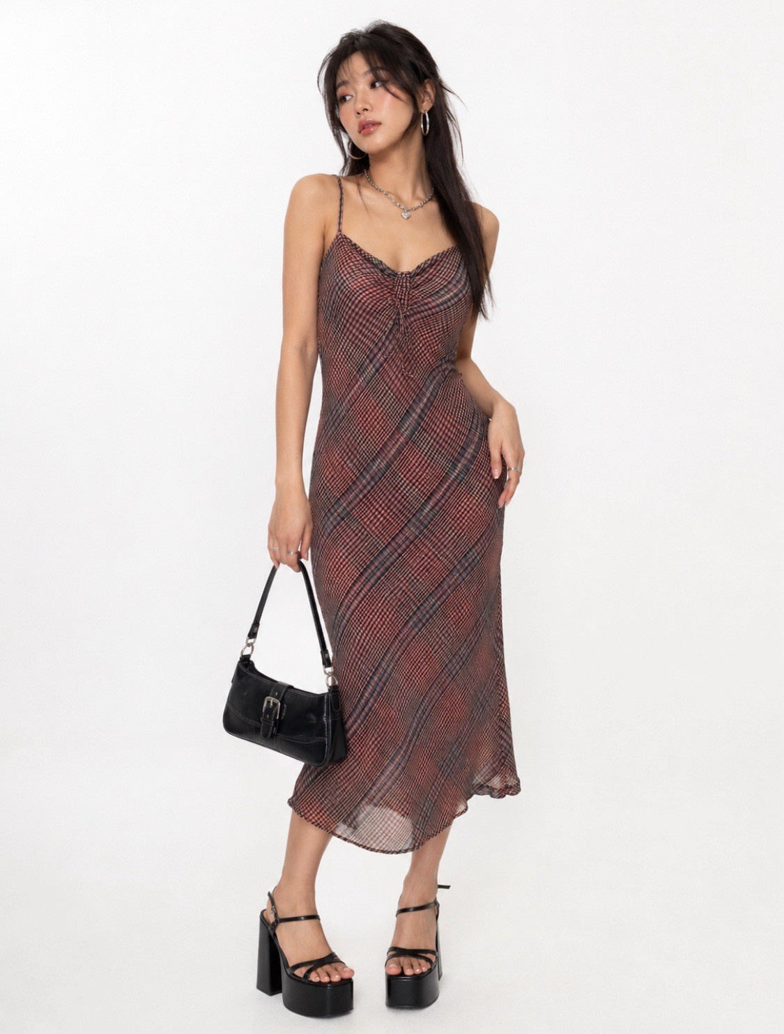 Retro Coquette Plaid Mesh Midi Slip Xsmall Cowl Neck Ruched Tie Spaghetti Strap