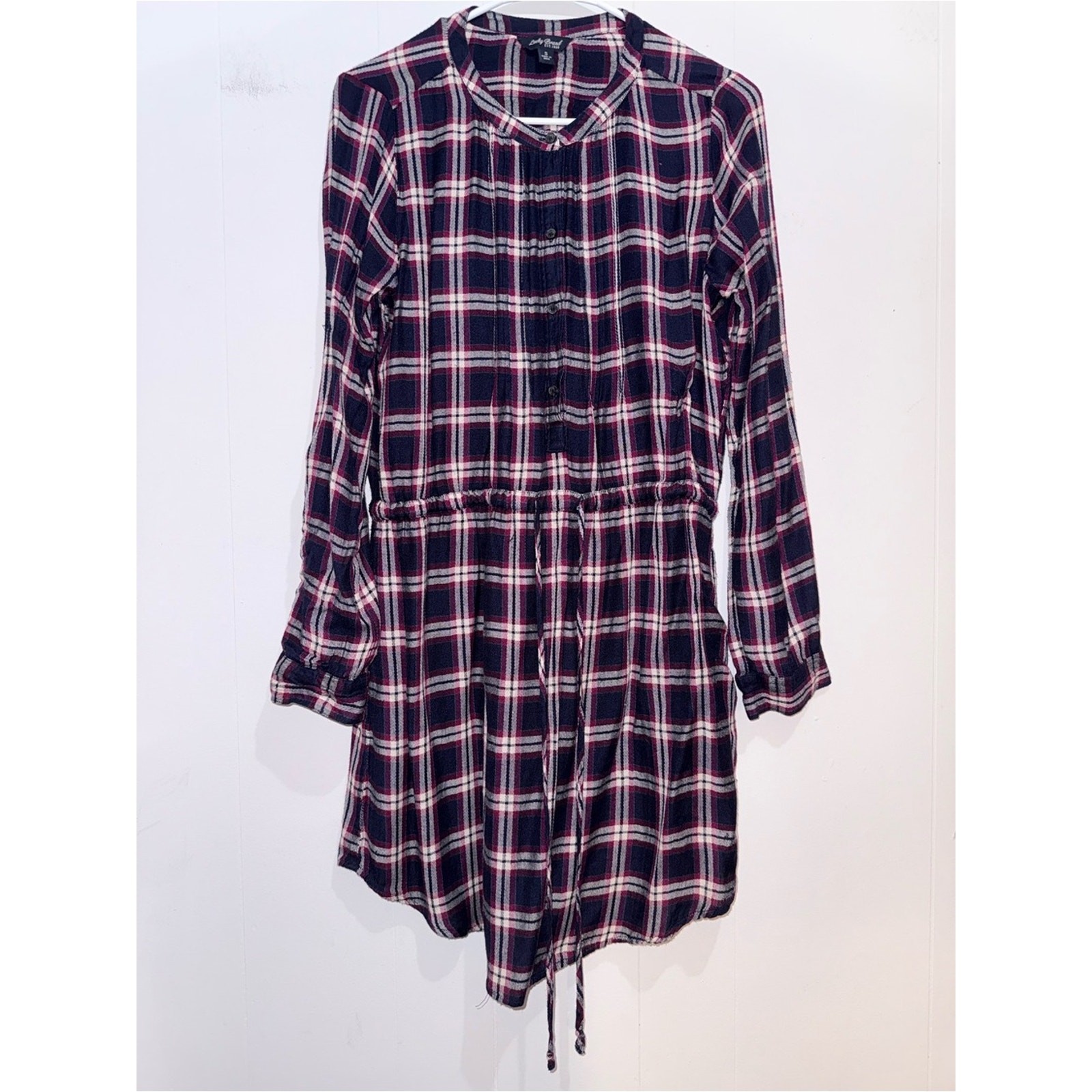 Lucky Brand Bungalow Plaid Drawstring Shirt Dress Navy Magenta Small EUC