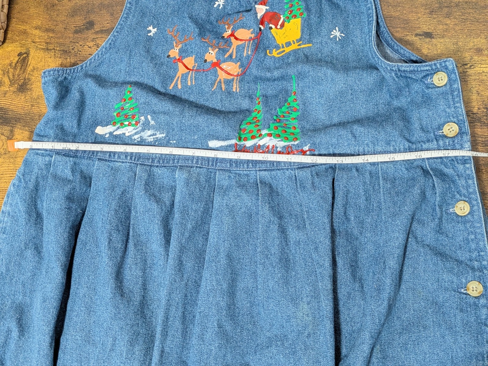Mizz Lizz Denim Overall Dress M Button Side Cottagecore Hand Painted Christmas