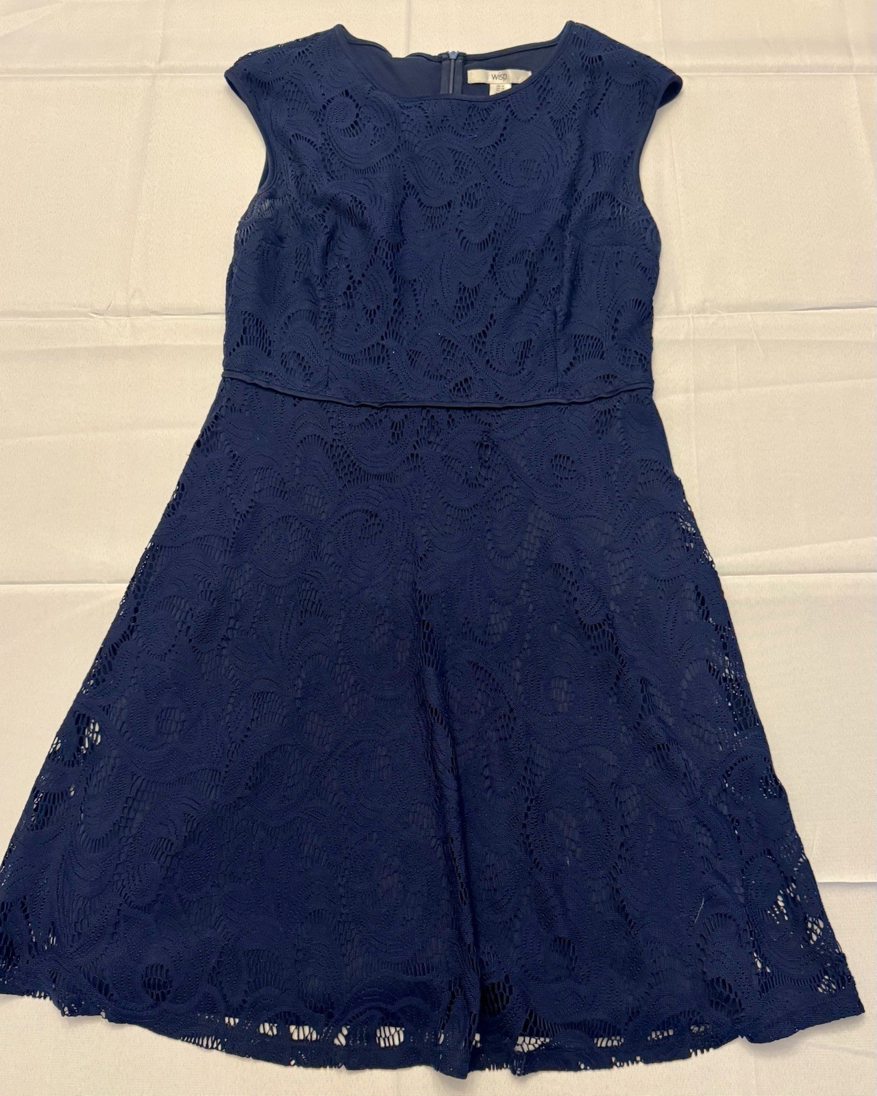 WISP A-Line Round Neck Cap Sleeve Floral Lace Knee Length Dress 14 Blue