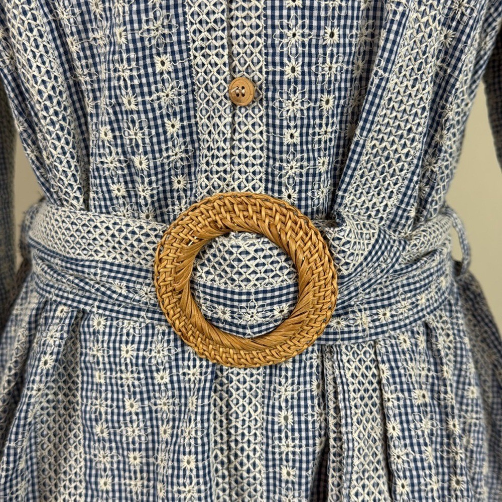 ZARA Crochet Daisy Blue & White Gingham Rattan Belted Mini Dress Size Med