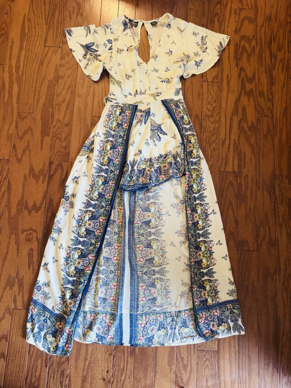 Angie Boho Floral Paisley Romper Maxi Overlay Dress Women’s Small Festival