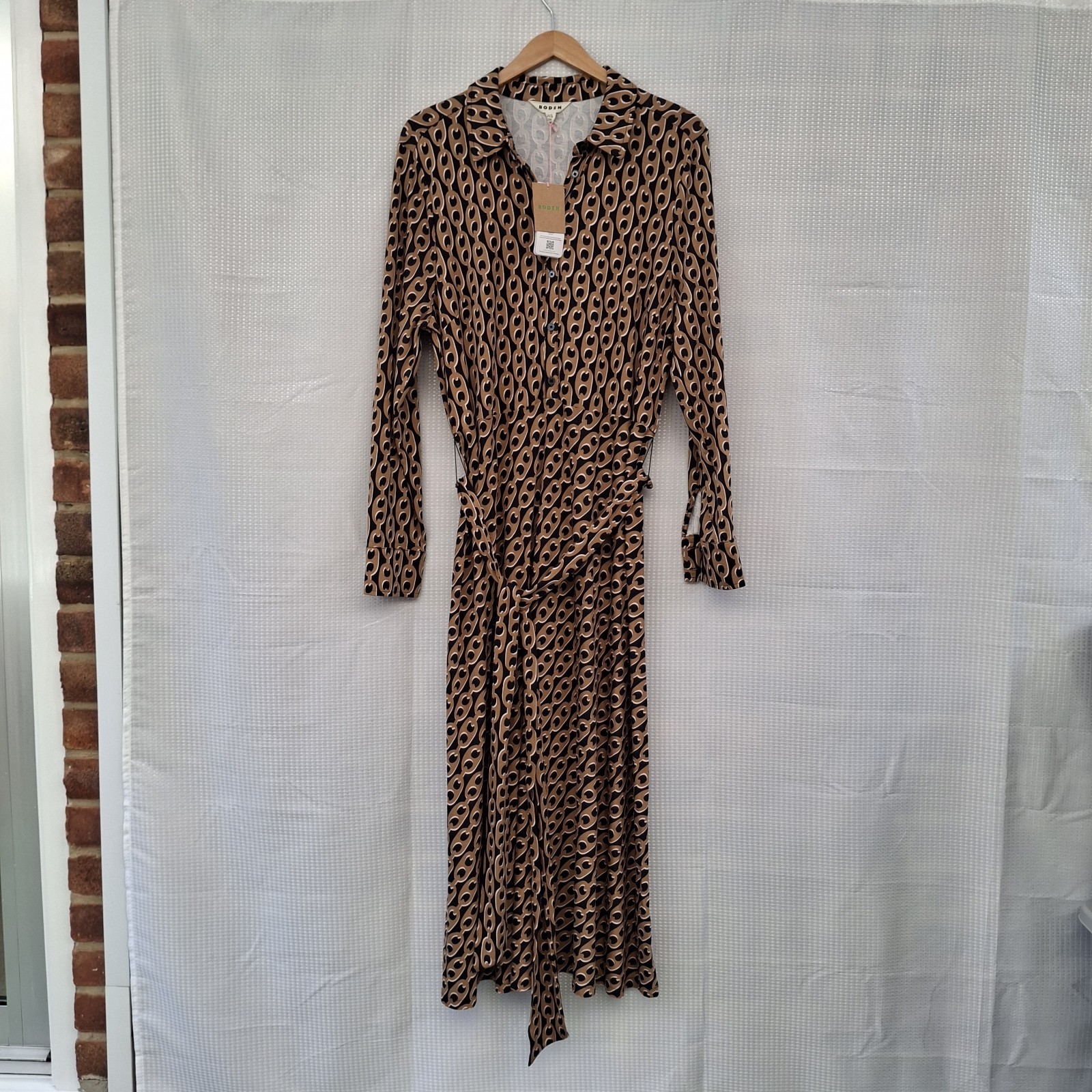 Boden Dress UK 20L New BNWT Laura Geo Chain Midi Shirt Dress Stretch Jersey Belt