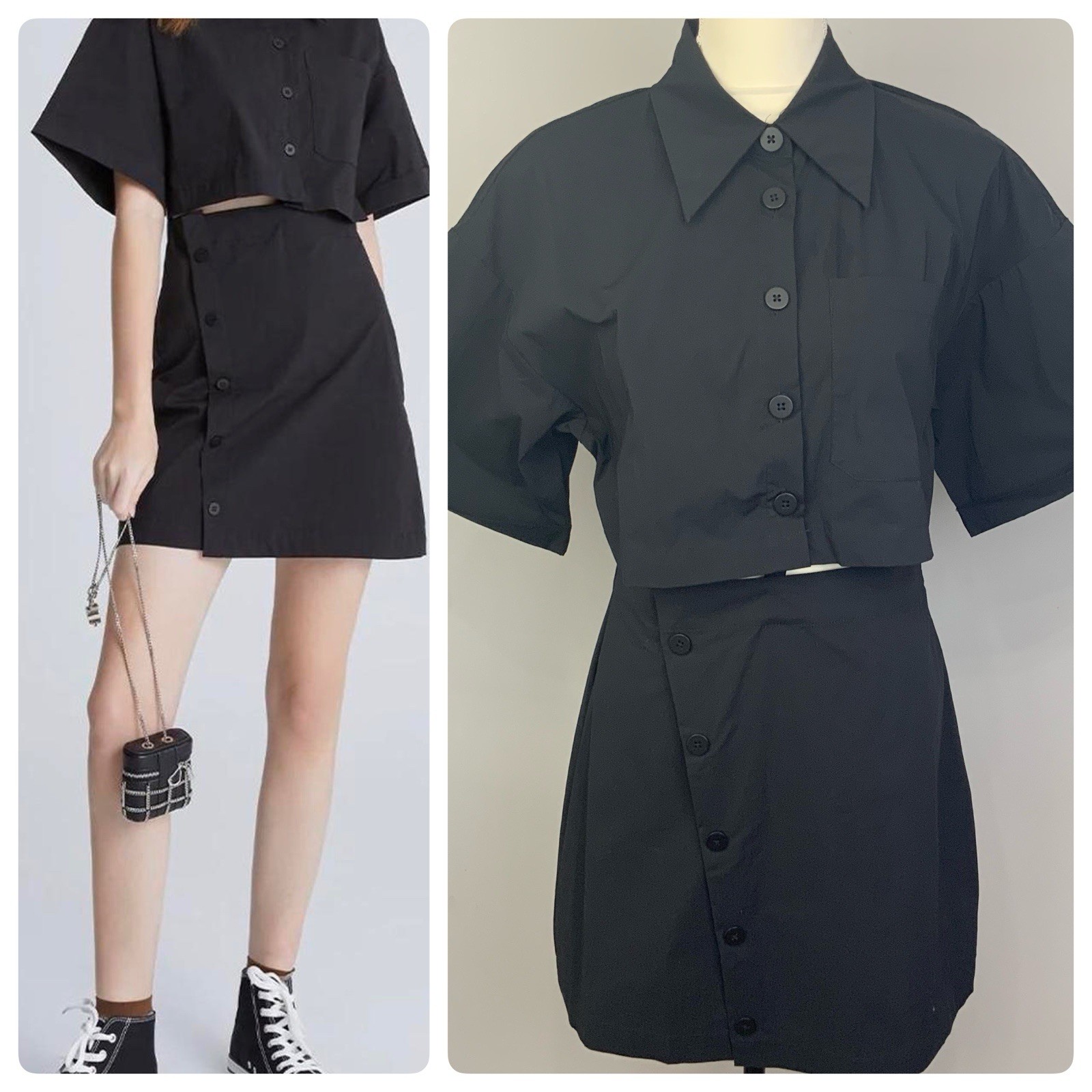 NWOT Urban Revivo Sz 8 Black Asymmetric Button Cut Out Collared Shirt Dress