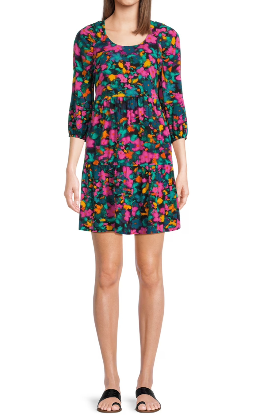 The Pioneer Woman Womens Dress Size XXL Black Cross Hatch Floral Raglan Sleeve