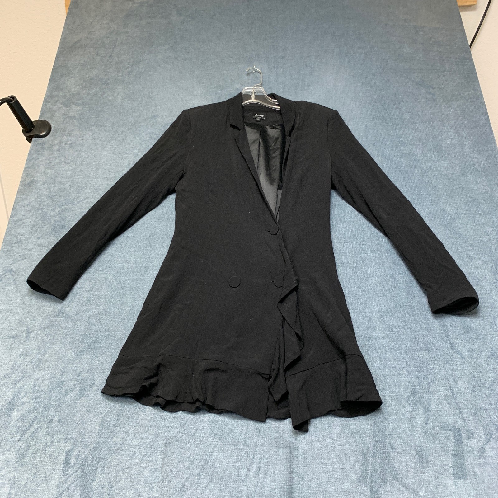 Bardot Blazer Dress Womens 6/S Black Ruffle Hem Notch Lapel Double Breasted