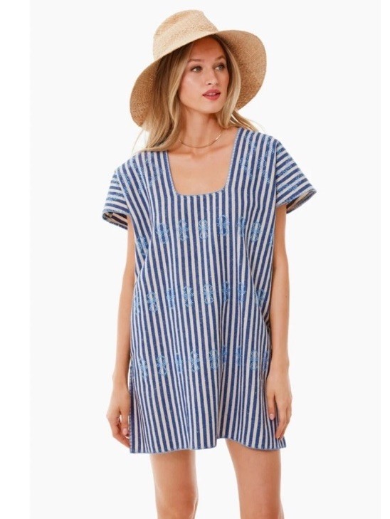 Tuckernuck Mini Sullivan Blue White Stripe Embroidered Canvas Caftan Size Large