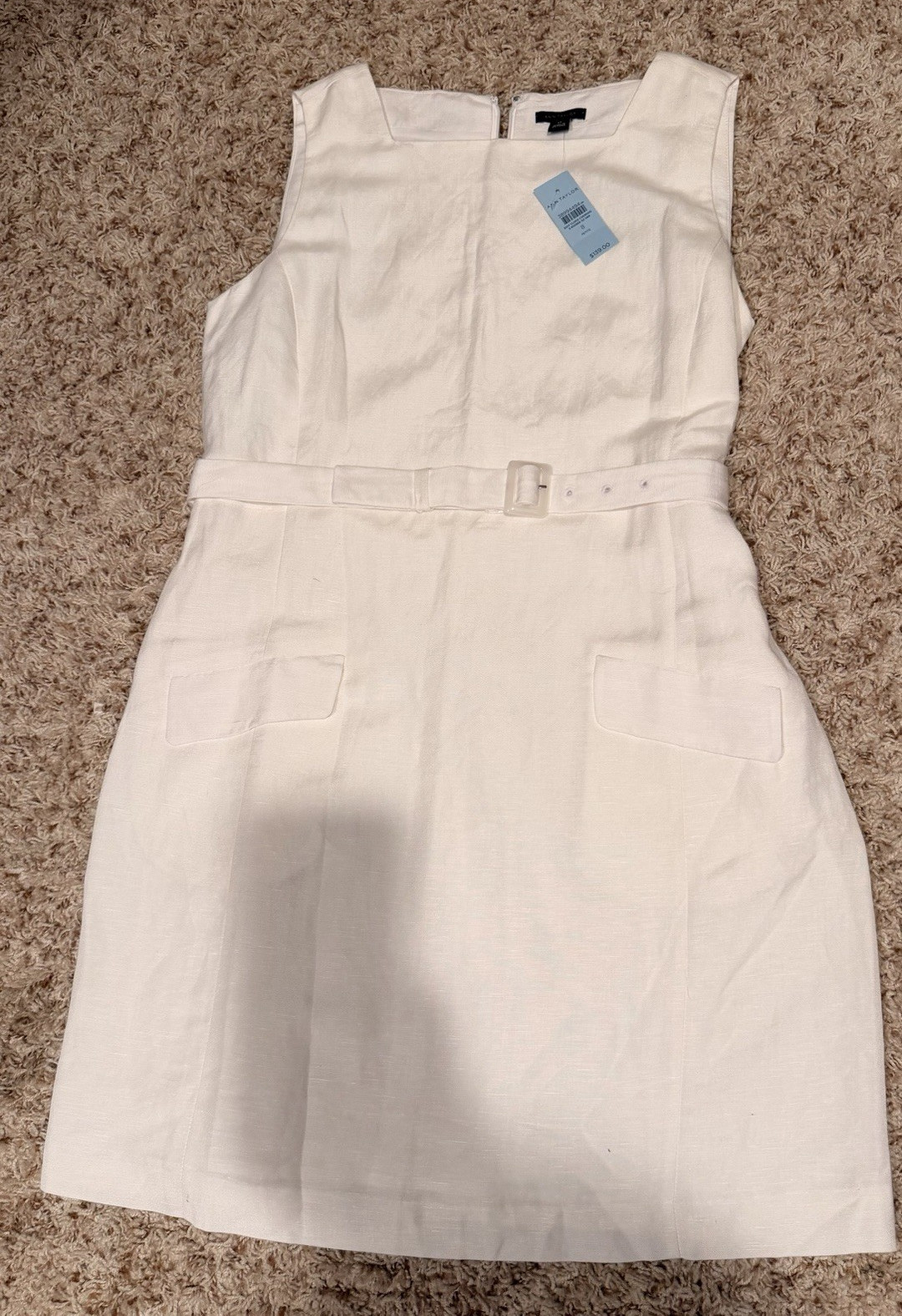 Ann Taylor White Fit & Flare Nylon Square Neck Belted Dress Pockets 8P NWT