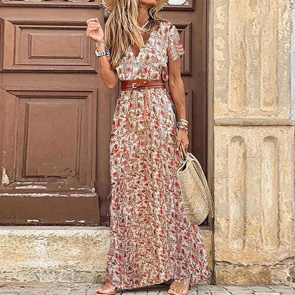 Womens Boho Floral V-Neck Maxi Dress Ladies Summer Beach Casual Holiday Sundress
