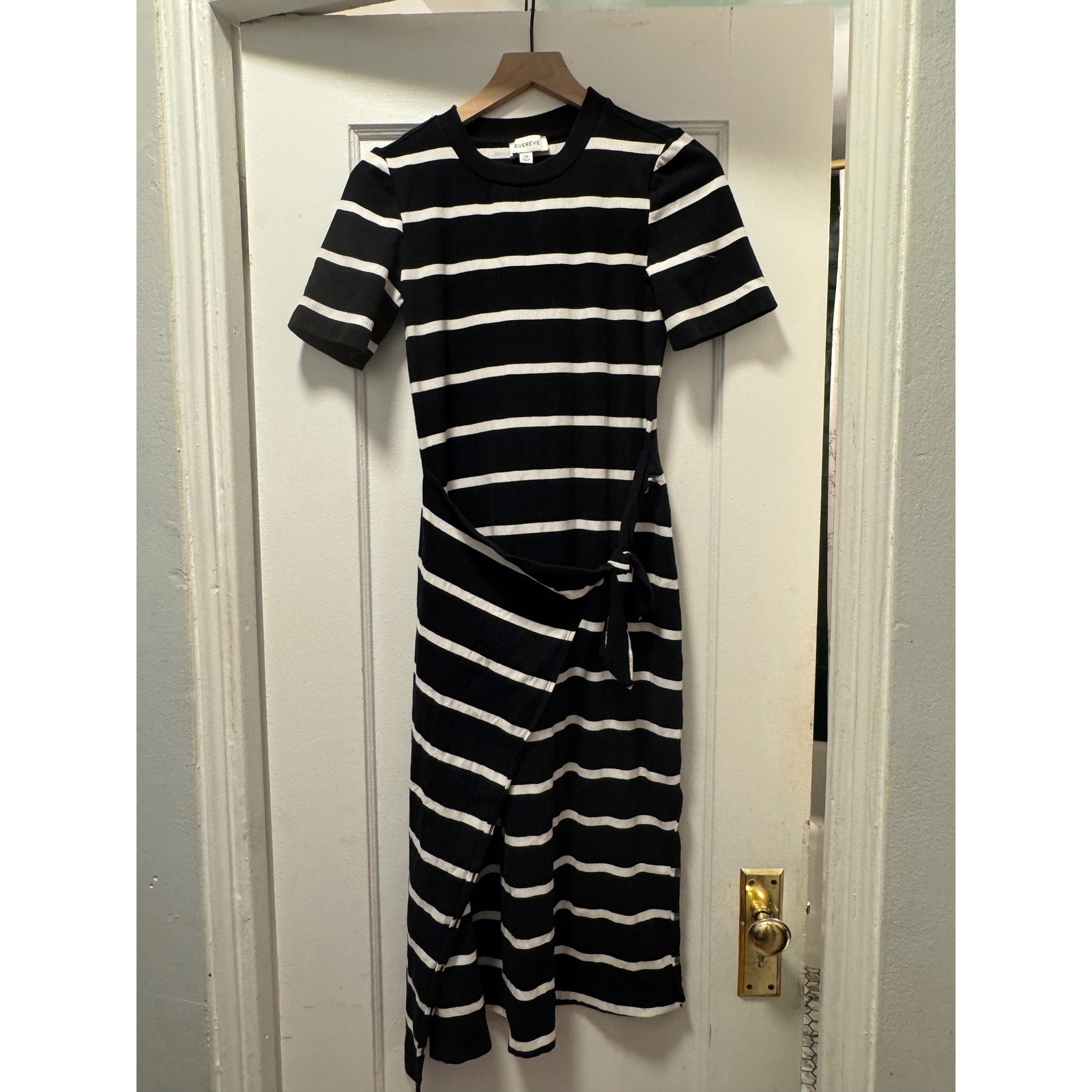 Evereve Womens Black White Striped Wrap Tie Midi Dress Short Sleeve XS Ribbed