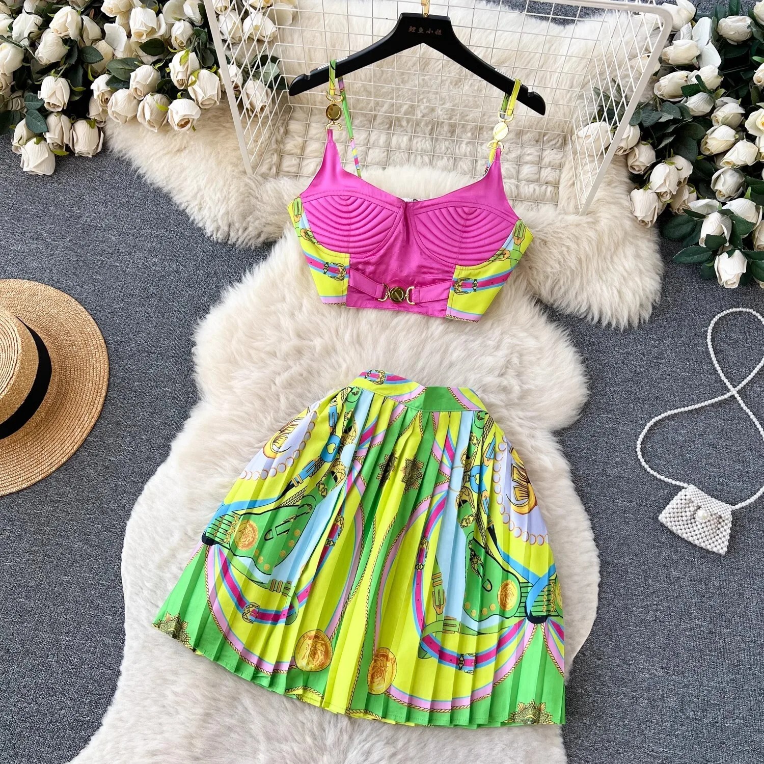 Summer Holiday Baroque Two Piece Set Women Short Spaghetti Strap Simple Metal