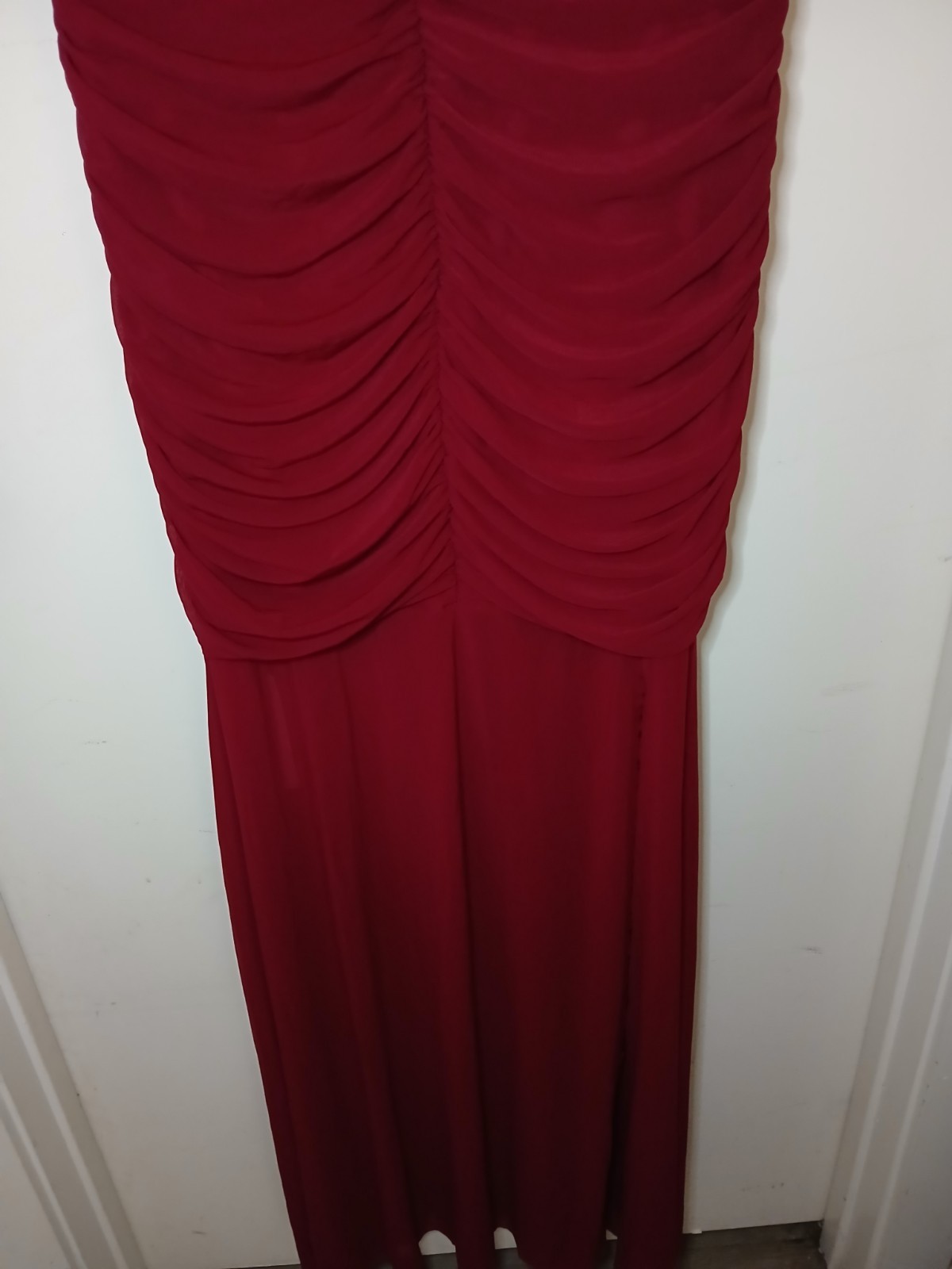 oy Red Solid Ruched Stretch Cowl Neck Cap Sleeve Long Gown Dress Women XL