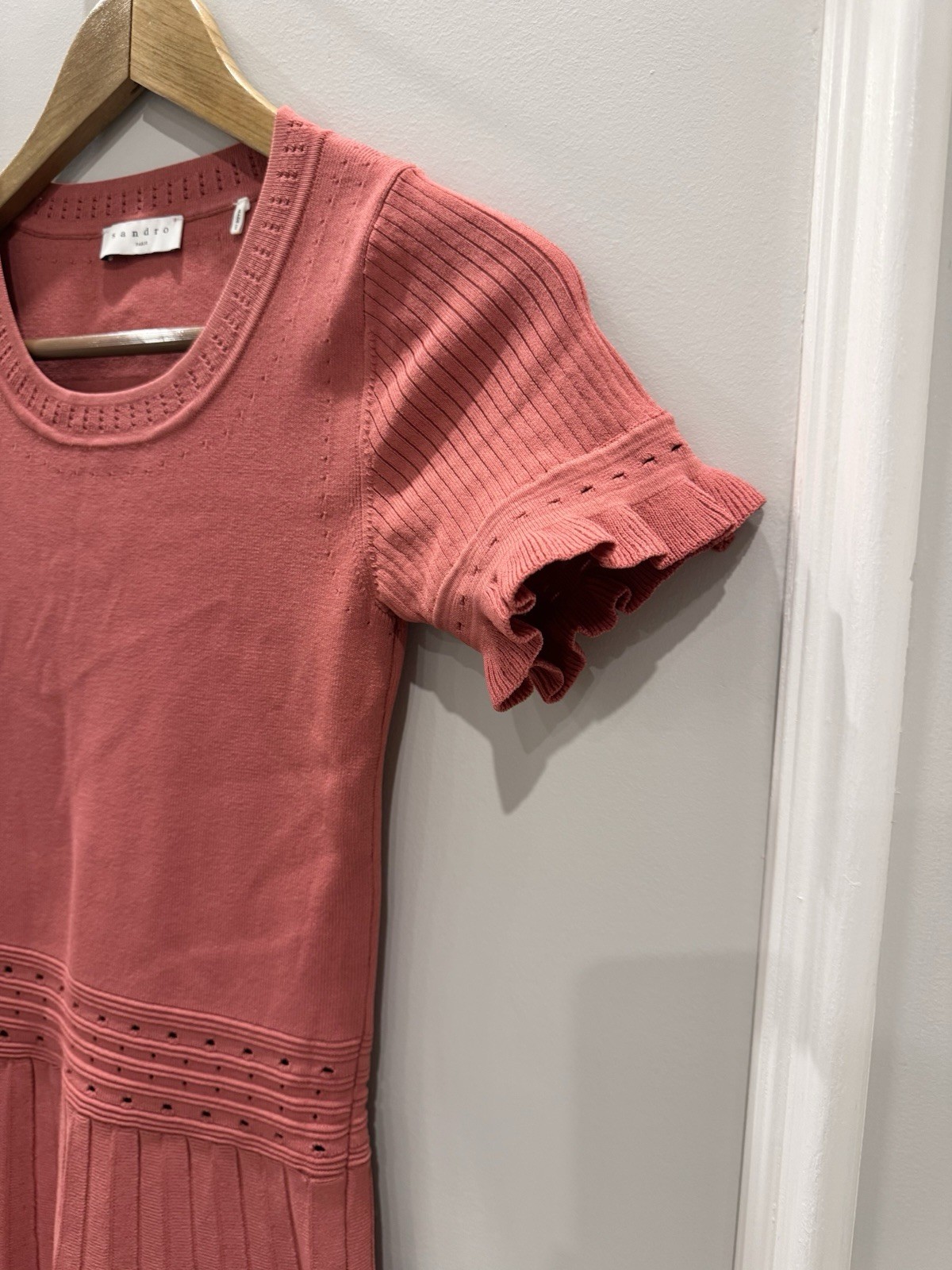 NWT Sandro Paris Etor Pointelle Knit Flare Mini Dress Framboise Rose Pink 36