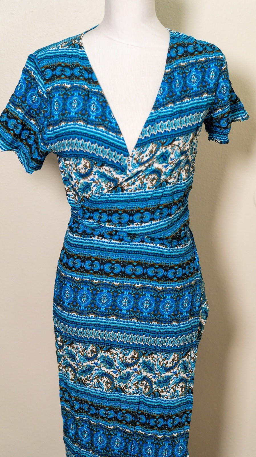 R. Vidiimos Womens S Blue Paisley V-Neck Short Sleeve Wrap Tie Maxi Dress
