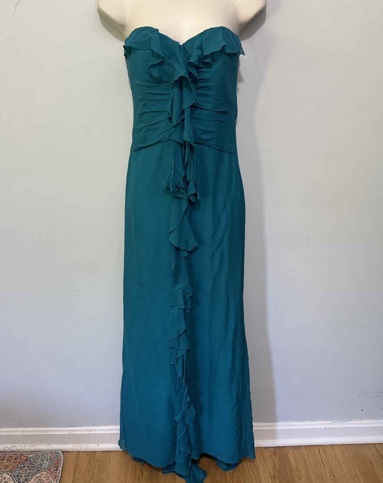 Badgley Mischka Dress Womens 6 Teal Blue Gown Strapless Ruffle Minimalist Glam