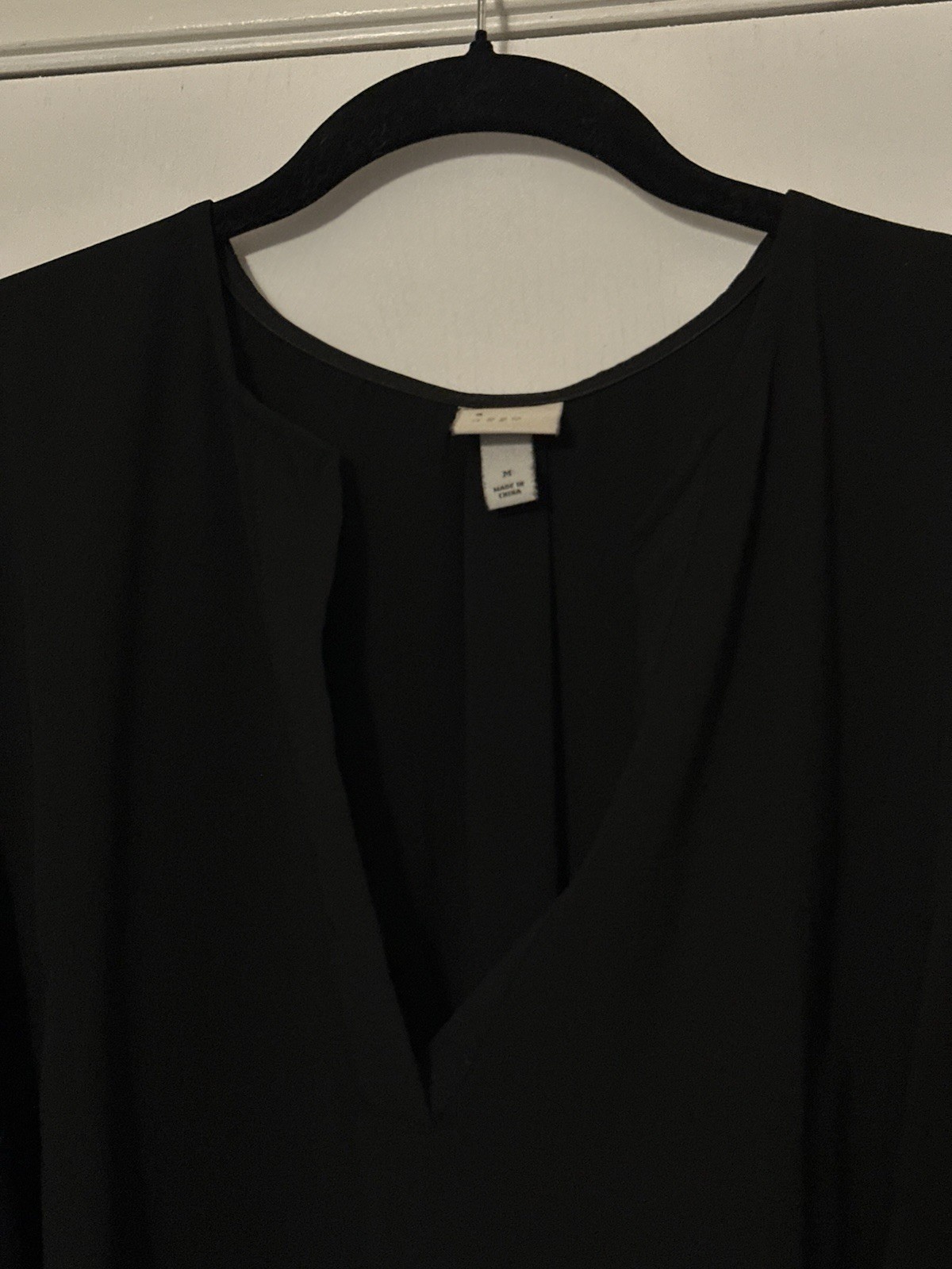 A New Day Black Solid Woven A-Line Dress V-Neck Long Sleeve Tie Belt Knee M