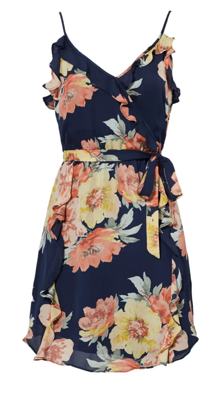 Joie Silk Floral Dress Blue & Pink Tie Waist V Neck Spaghetti Strap Size Large