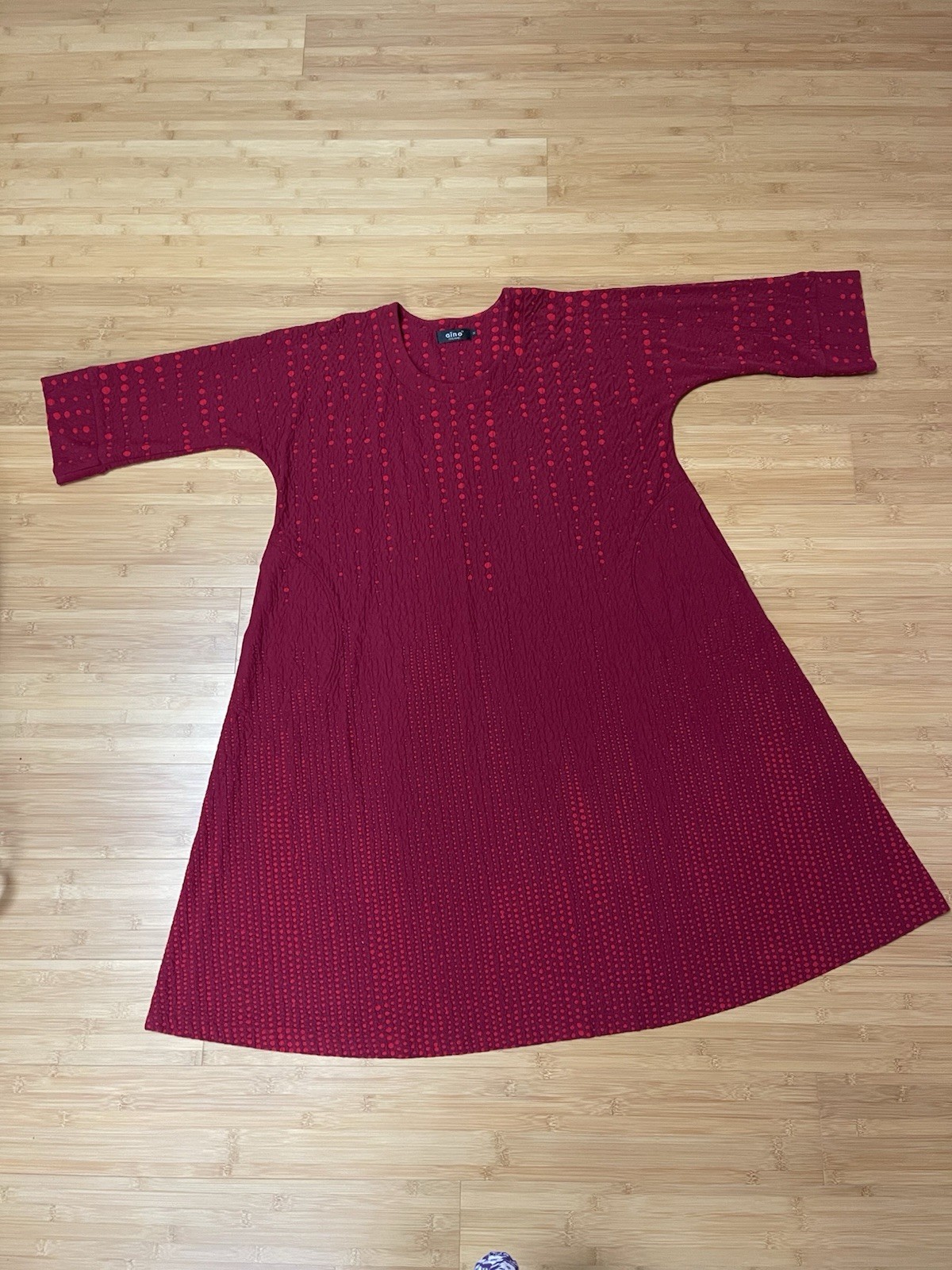 Aïno Finland Red Textured Polka Dot Lagenlook Midi Dress M Pockets Artsy EUC