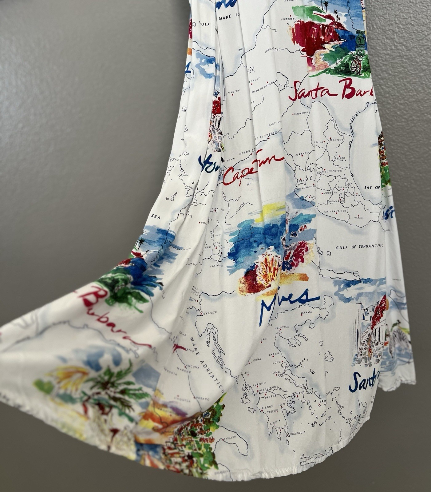 Gap Dress Womens XS White Map Travel Print Fit And Flare Smocked Sundress Summer