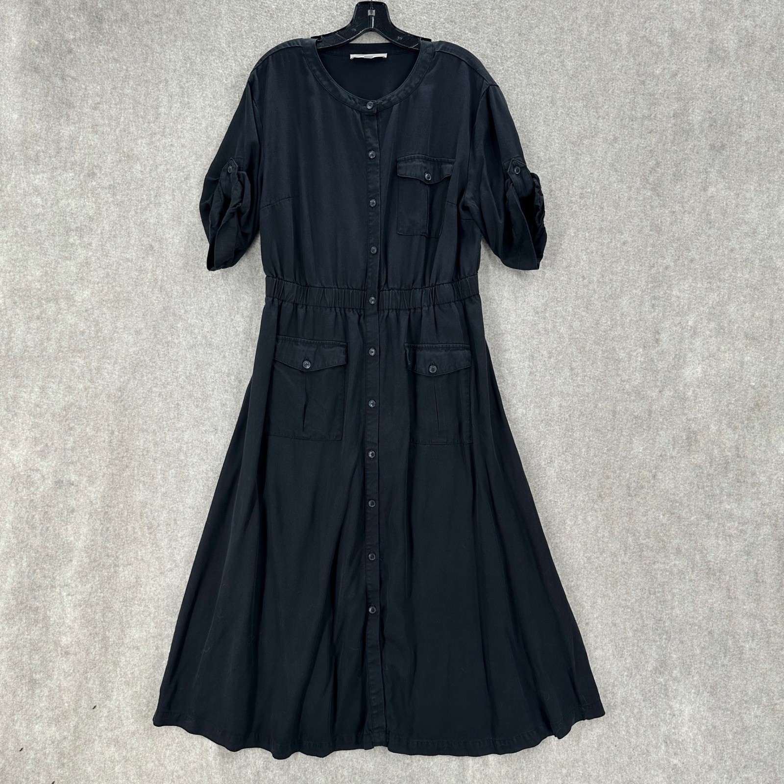 Loft Button Down Midi Dress Womens Large Black Lyocell Roll Tab Sleeve Utility