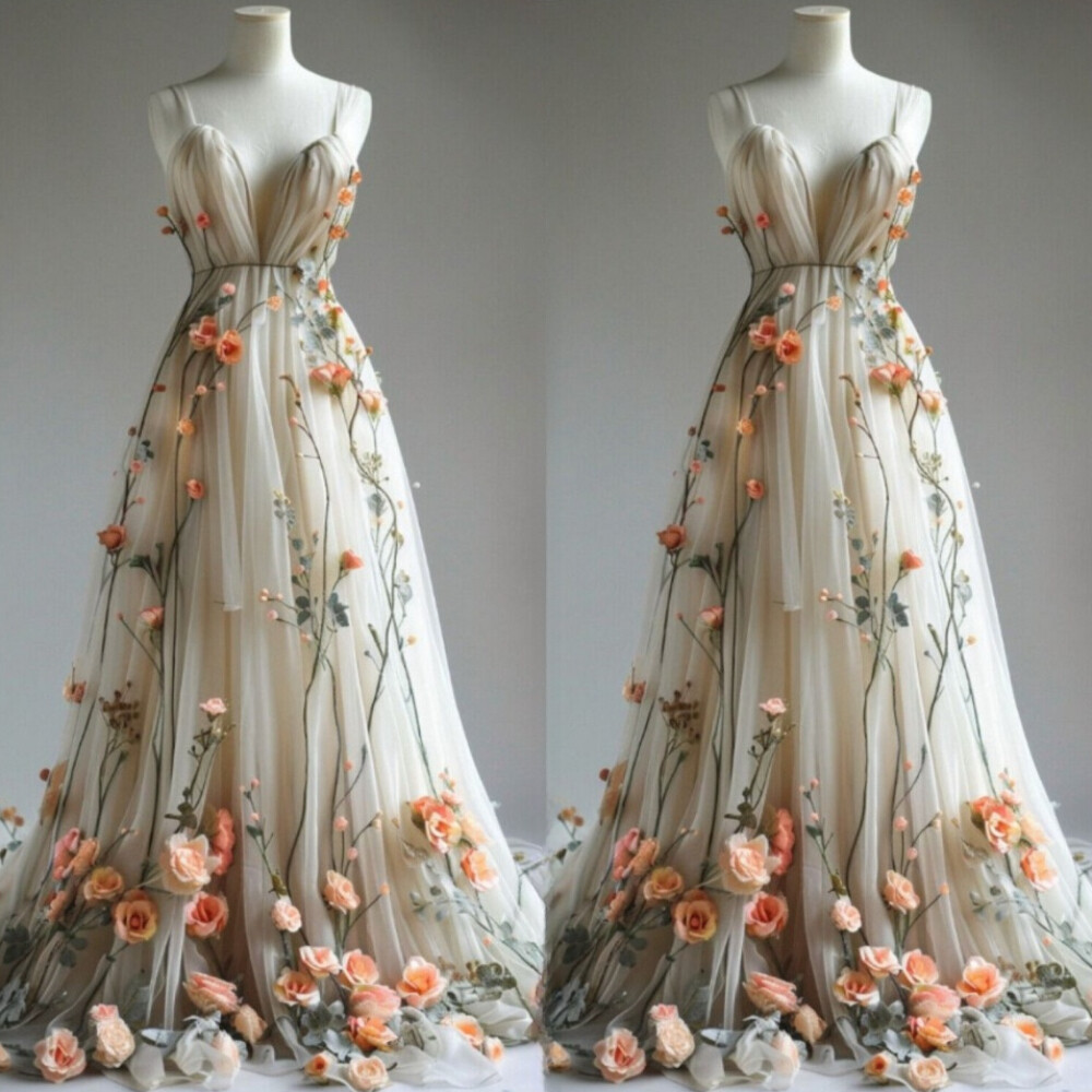 Deep V Neck Wedding Dresses 3D Flowers Appliques Pleated Tulle Bridal Gowns New