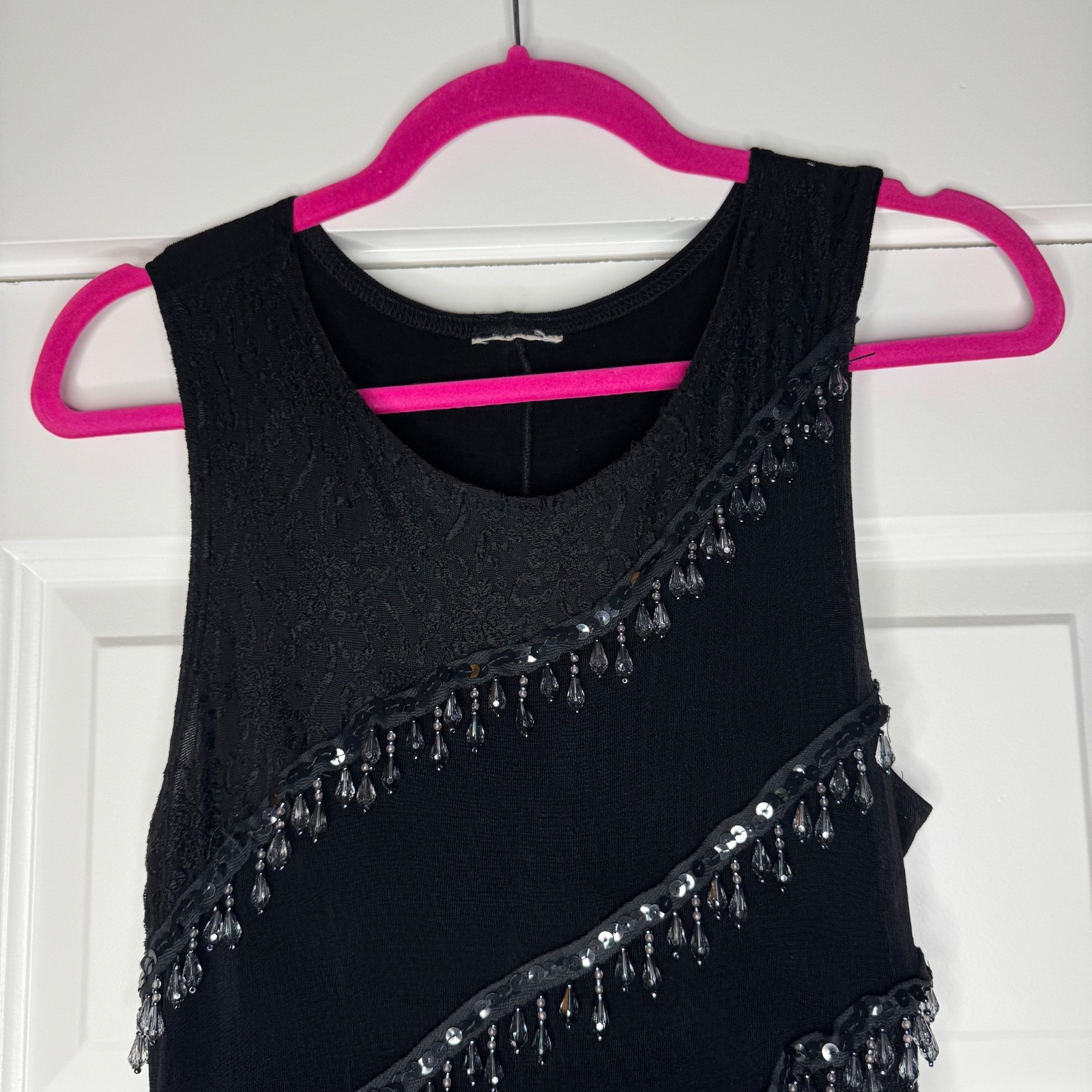 VTG Beaded Fringe Mini Dress Black with Lace Detailing Scoop Neck Sz Small