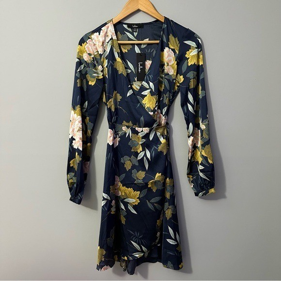 Lulus Love Is Life Navy Blue Floral Satin Wrap Dress Women’s XXS Long Sleeve NWT