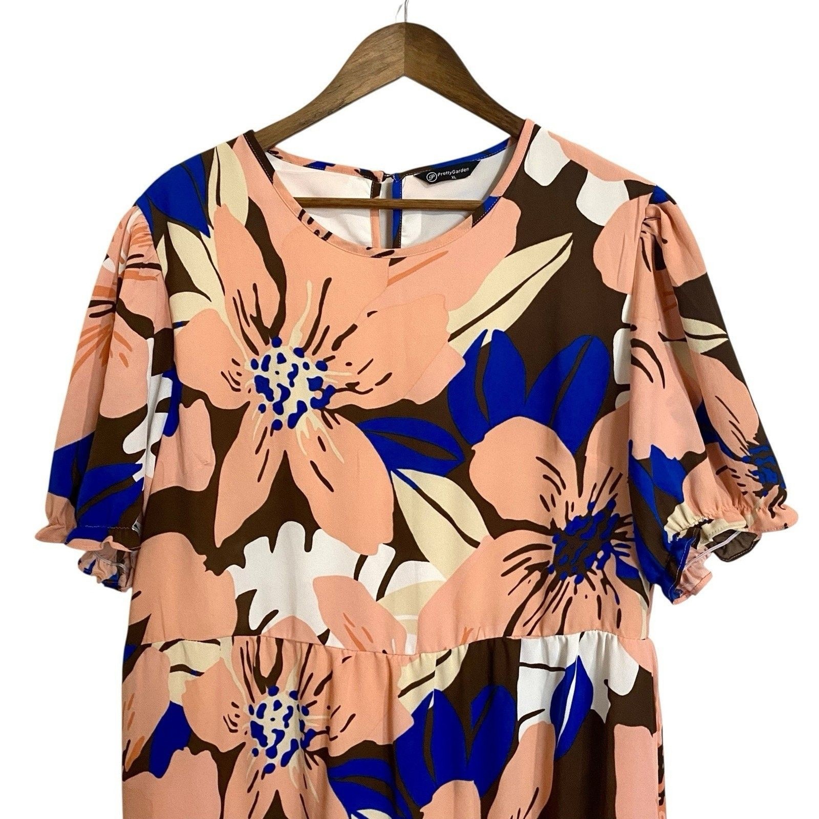 Pretty Garden Midi Dress Womens XL Short Sleeve Floral Brown Blue Orange Cream