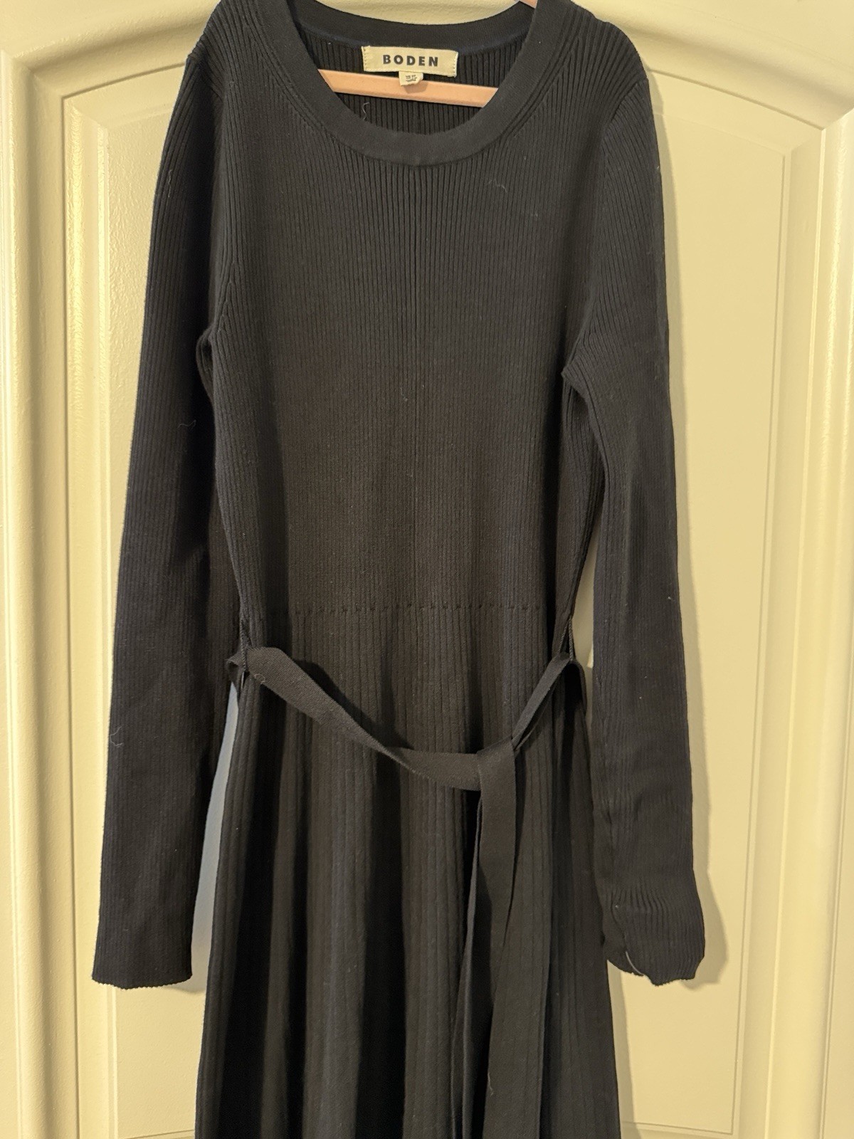 BODEN Black Ribbed Knit Midi Dress UK 8R / US 4R Belted Long Sleeve A-Line