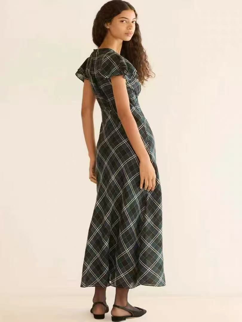 DOEN lotus leaf sleeve color woven plaid dress