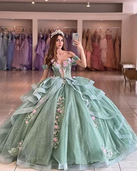 Off Shoulder Sage Green Glitter Tulle 3D Floral Quinceanera Train Ball Gown