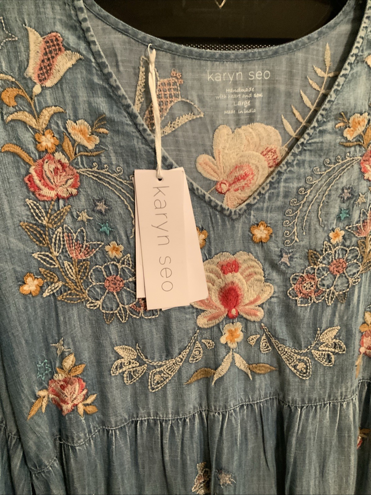 Karyn See Lightweight Denim Embroidered Dress L Bohemian Handmade India