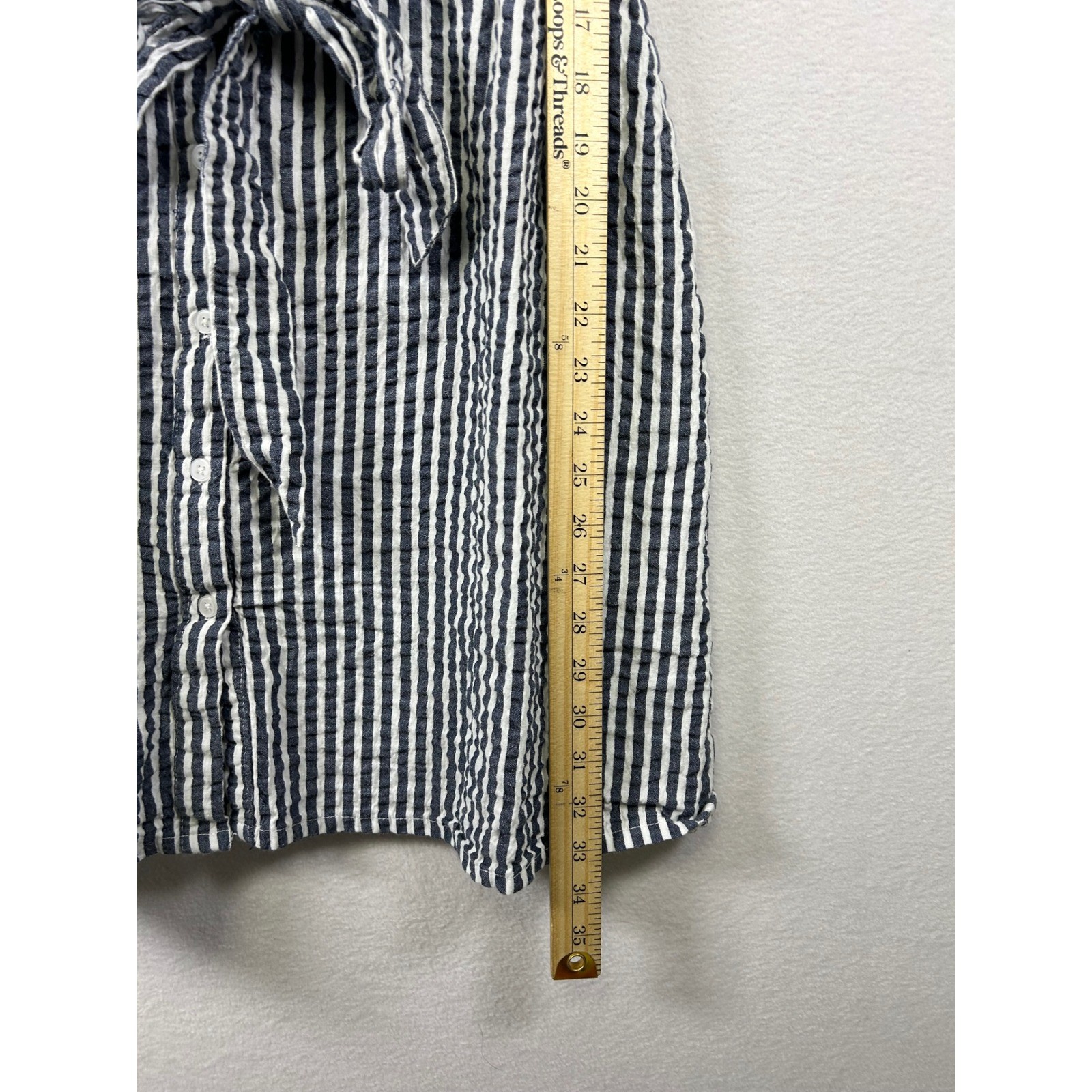 Falling Flower Striped Seersucker Button Front Shirt Dress Belted Size L