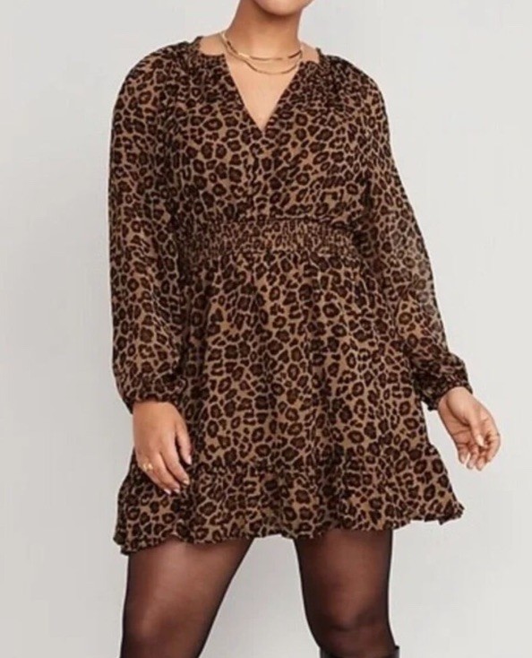 Old Navy Animal Print Chiffon Mini Dress LS Leopard Elastic Waist NWT Sz 2X