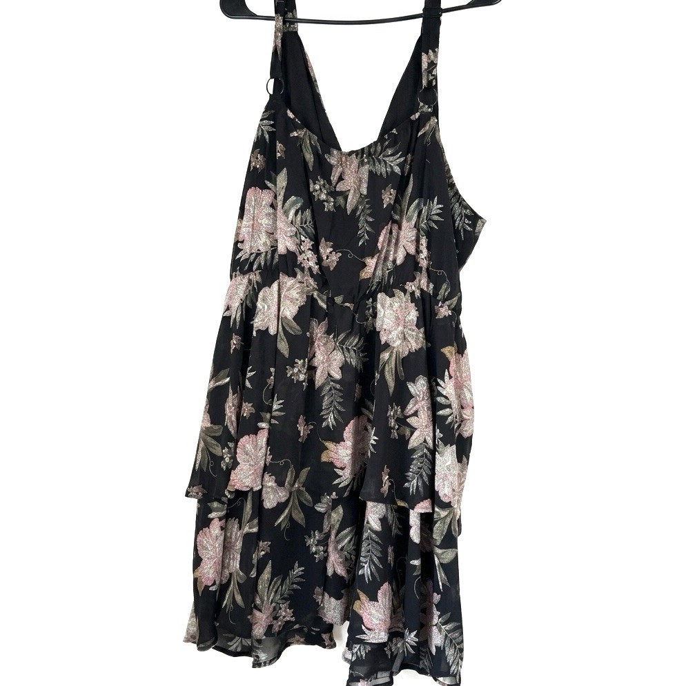 Maurices Plus Size 4X Floral Dress Tiered Ruffle V-Neck Black Pink Metallic Glit