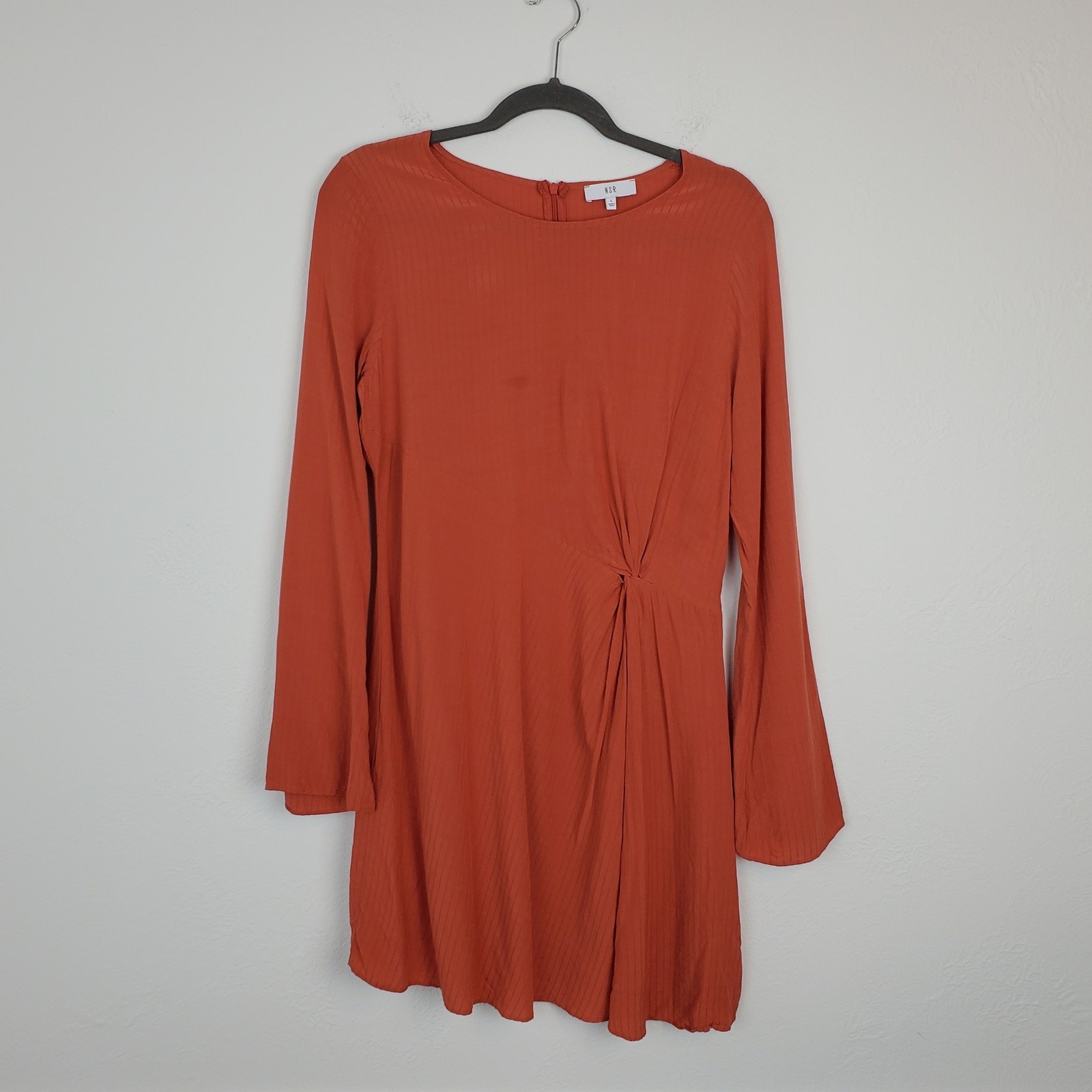 NSR Dress Asymmetrical Twist Bell Sleeve Spring Summer Fall Boho Orange Size L
