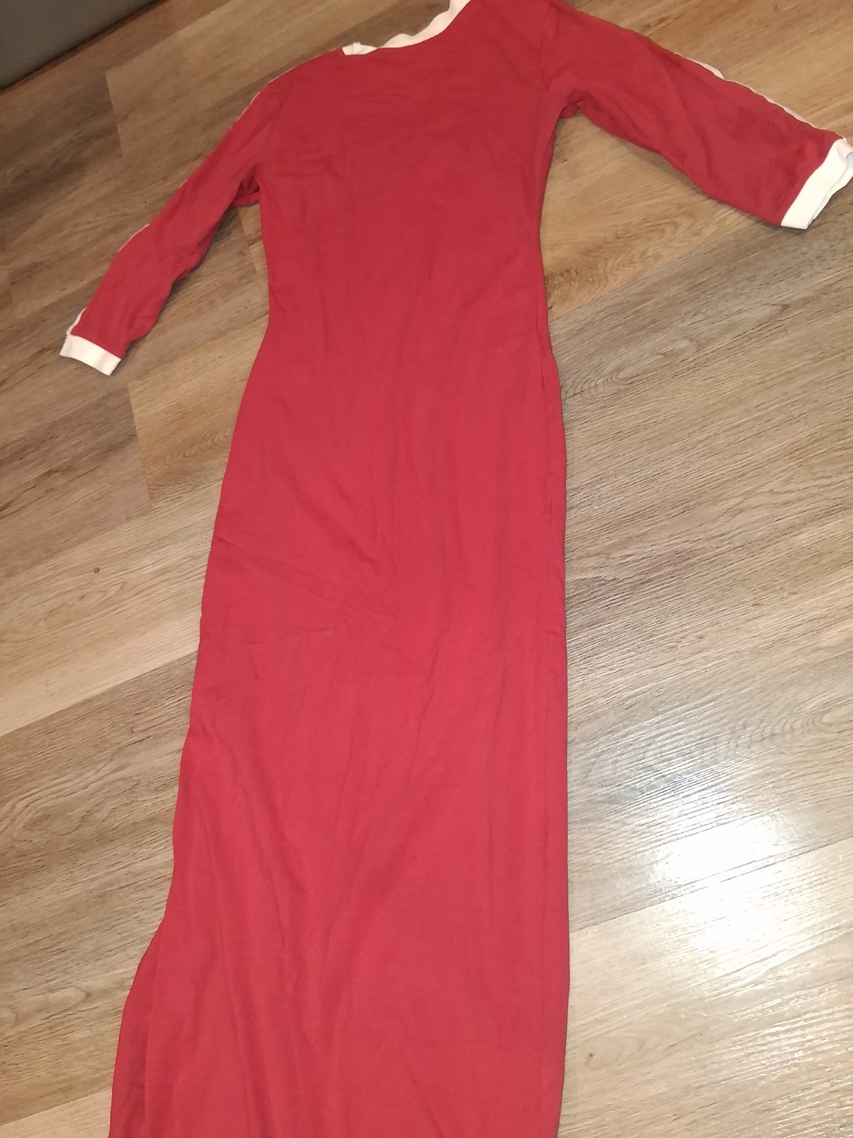adidas 3-Stripe Logo Maxi Dress S Red/White Solid V-Neck Long Sleeve