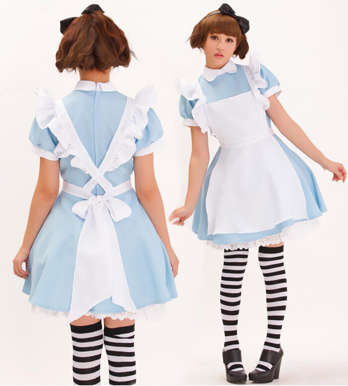Alice in Wonderland Costume Waitress Uniform Maid Blue Dress Halloween Cosplay