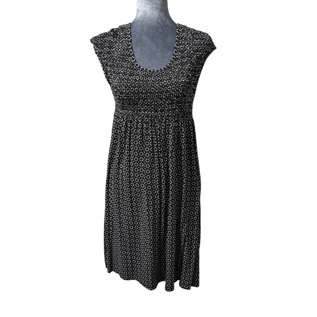 Falls Creek Womens Medium Black White Geometric Smocked Empire Waist Dress M