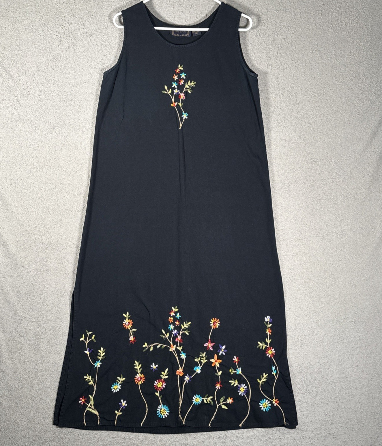 VNTG Life Style Women’s Size S Midi Dress Linen Blend Flower Embroidery 90s Boho