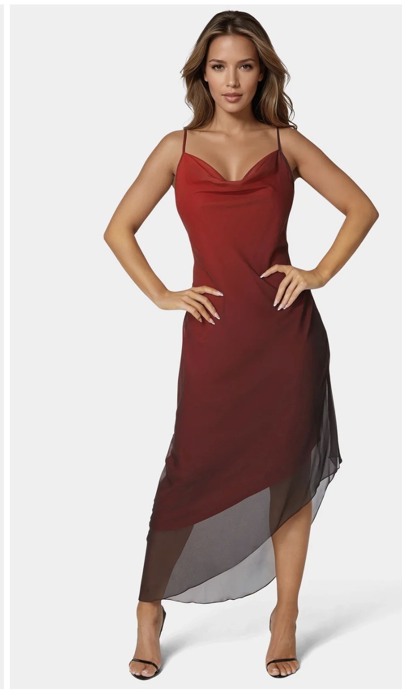 Bebe Ombre Chiffon Cowl Dress Women’s Size Small Red Spaghetti Strap