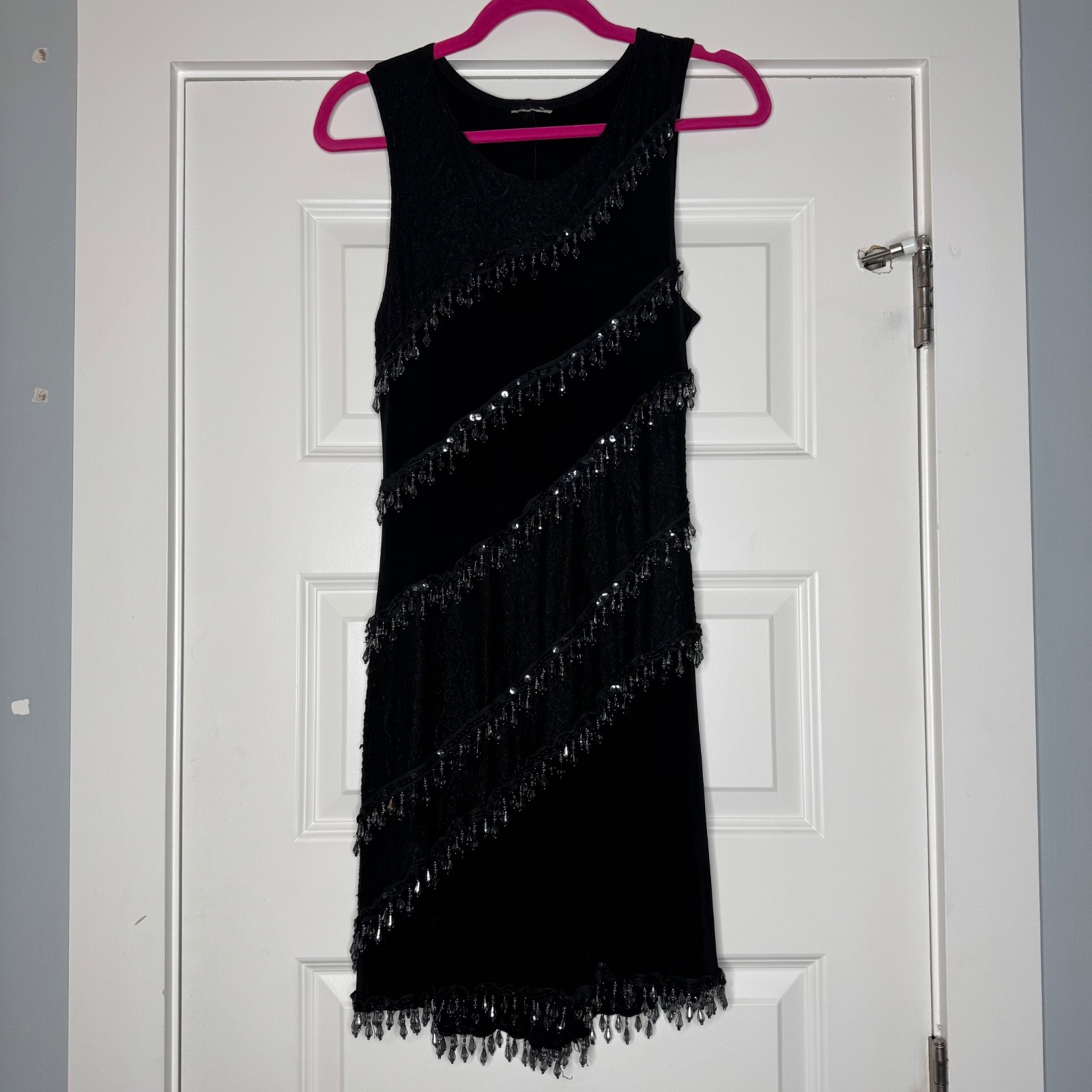 VTG Beaded Fringe Mini Dress Black with Lace Detailing Scoop Neck Sz Small