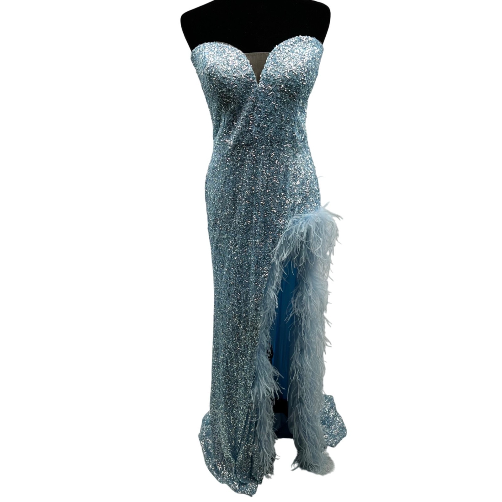 Alyce Paris Sequin Feathered Prom Dress Strapless Silver Lake Blue Size 12 New