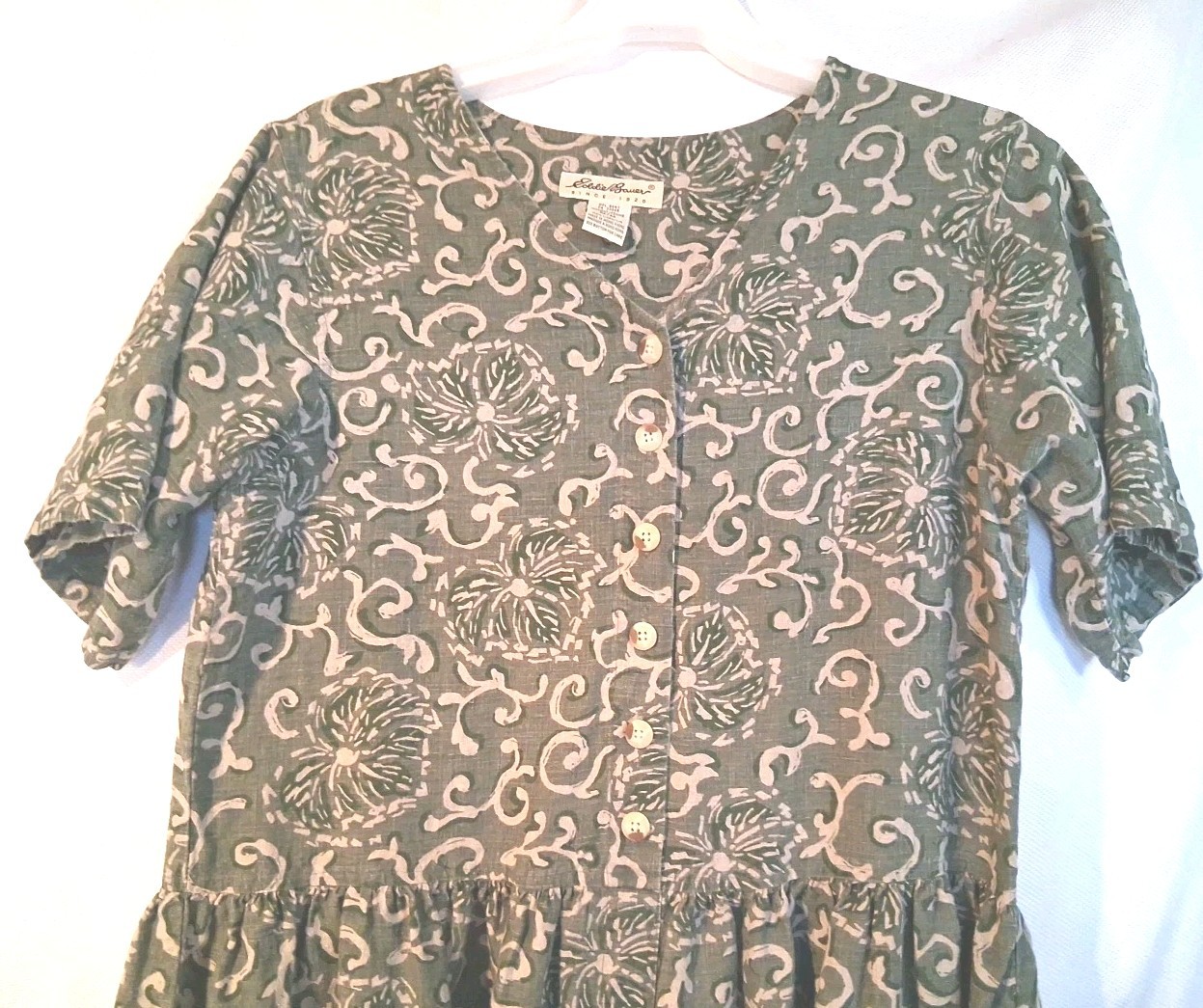 Vintage Eddie Bauer Women’s Moss Green Floral Linen Ankle Length Dress Size M